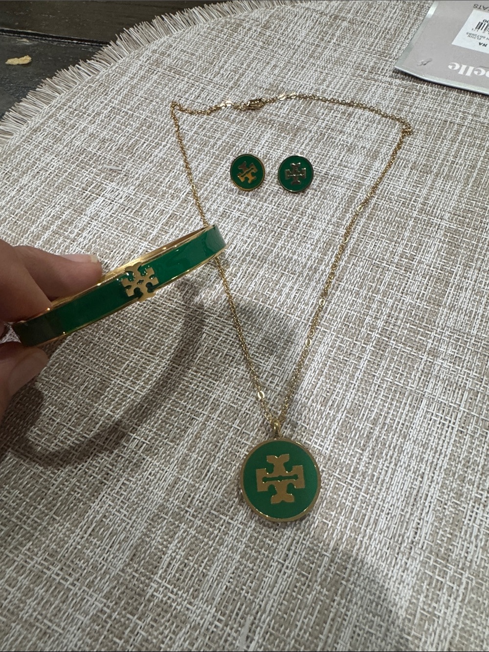 Tory Burch Green Enamel and Gold Logo Necklace, Bracelet & Earrings Set